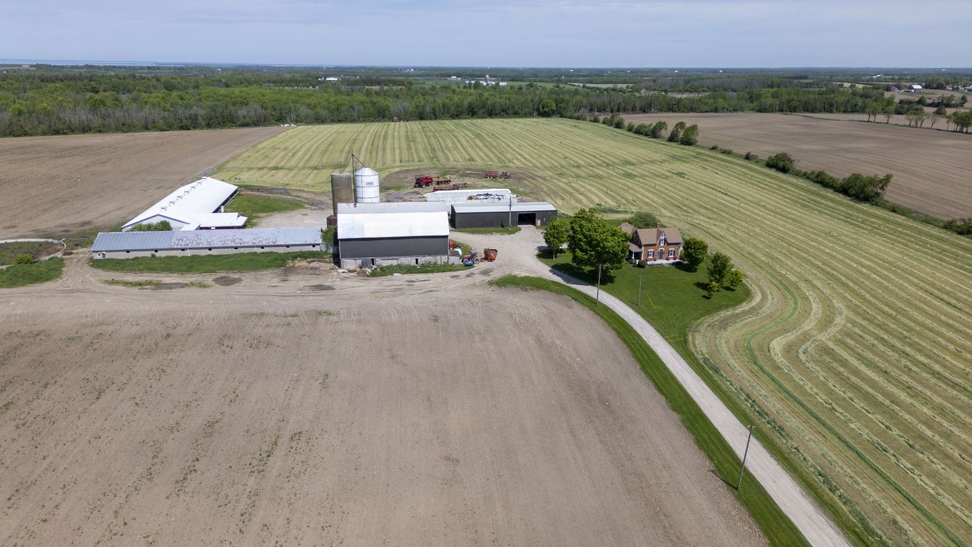 An Ontario farmstead with hay fields and a gravel lane
